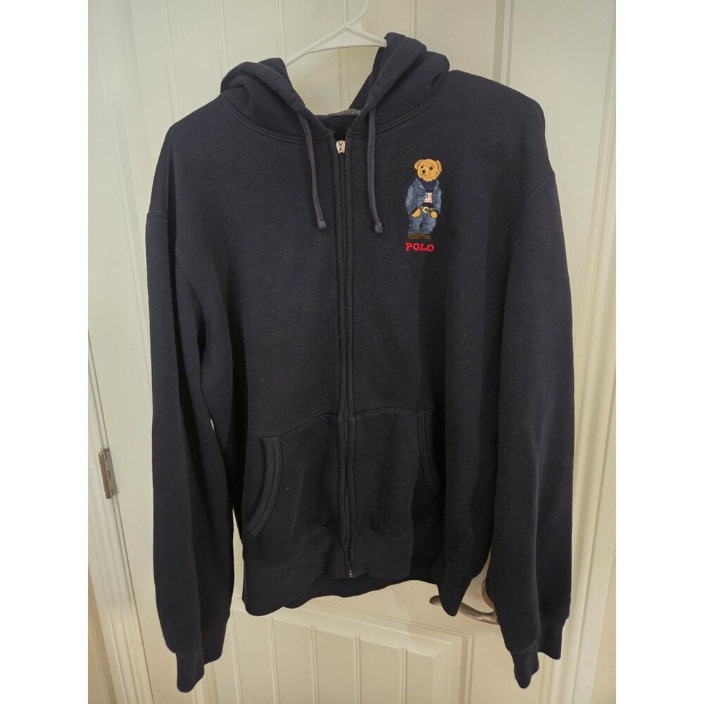 Polo Ralph Lauren Men’s Large Navy Blue Polo Bear Full Zip Fleece Hoodie